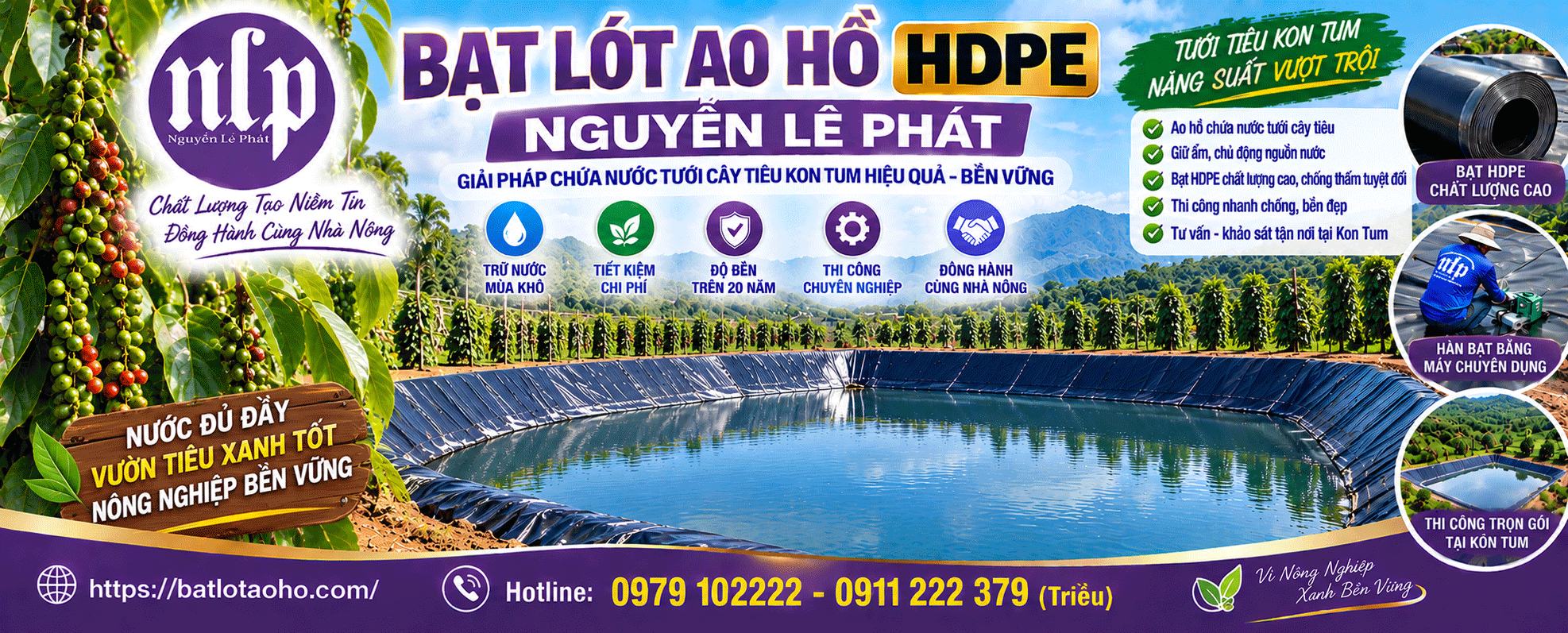 Thi công lót bạt ao hồ tưới cây tiêu